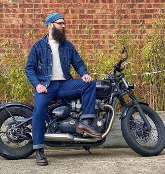 Blue Beanie Outfits For Men: This combo of a navy denim jacket and a blue beanie is proof that a simple casual ensemble can still be incredibly sharp. Switch up your outfit with a sleeker kind of footwear, like these navy leather casual boots.