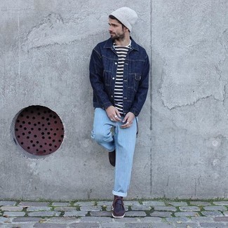 Grey Beanie Outfits For Men: This casual pairing of a navy denim jacket and a grey beanie comes in useful when you need to look dapper in a flash. And if you wish to easily perk up your look with one single item, add dark brown leather desert boots to your outfit.