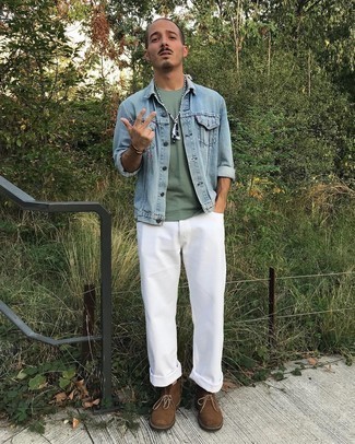 White Jeans Outfits For Men: To create a casual look with a modern twist, rock a light blue denim jacket with white jeans. Dark brown suede desert boots are a welcome accompaniment for your look.