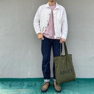 Pink Crew-neck T-shirt Outfits For Men: To put together a casual look with a clear fashion twist, opt for a pink crew-neck t-shirt and navy jeans. Got bored with this ensemble? Introduce brown leather desert boots to mix things up a bit.