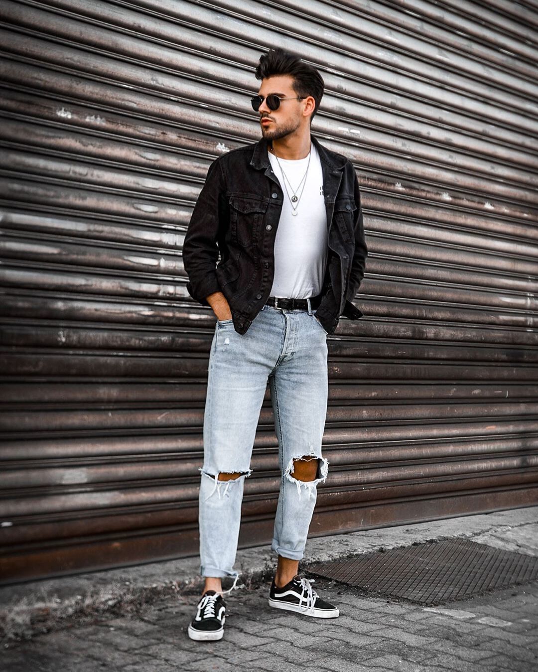 Men's Pink Denim Jacket, White Crew-neck T-shirt, Black Ripped Jeans, Black  and White Canvas High Top Sneakers