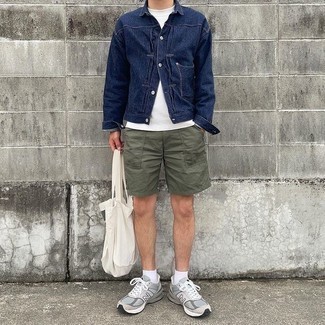 White and Black Print Canvas Tote Bag Outfits For Men: Go for a navy denim jacket and a white and black print canvas tote bag if you're hunting for an outfit idea for when you want to look casually cool. A pair of grey athletic shoes finishes off this ensemble quite nicely.