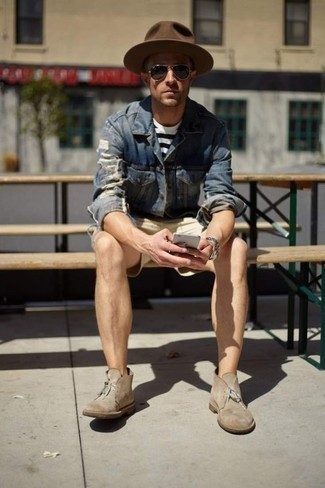 Blue Denim Jacket Outfits For Men: To assemble an off-duty look with a modern spin, pair a blue denim jacket with beige shorts. A pair of tan suede desert boots will be a stylish addition for your outfit.