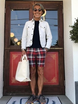 Red Plaid Shorts Outfits For Men: If you like a more laid-back approach to dressing up, why not pair a white denim jacket with red plaid shorts? Feeling creative today? Jazz things up by rounding off with grey suede derby shoes.