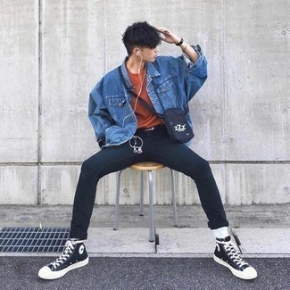 Black Leather Watch Outfits For Men: This combination of a blue denim jacket and a black leather watch has this so-chill and effortless vibe. To introduce a little zing to this outfit, add a pair of black and white canvas high top sneakers to the mix.