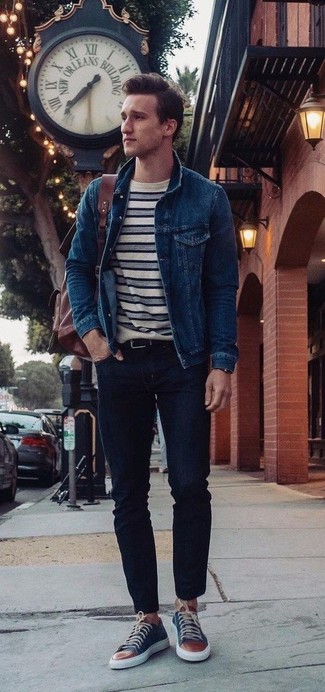 Men's Navy Denim Jacket, White and Navy Horizontal Striped Crew-neck T-shirt, Black Skinny Jeans, Navy Leather Low Top Sneakers