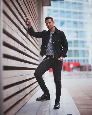 Black Jeans with Denim Jacket Outfits For Men: We're loving how a denim jacket combines with black jeans. For a classier vibe, complement your ensemble with black leather casual boots.