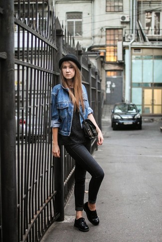 Oxford Shoes Outfits For Women: For a casually edgy ensemble, reach for a blue denim jacket and black skinny jeans — these items play nicely together. And it's amazing how oxford shoes can upgrade an outfit.