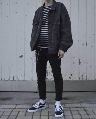 Men's Charcoal Denim Jacket, Navy and White Horizontal Striped Crew-neck T-shirt, Black Skinny Jeans, Black and White Canvas Low Top Sneakers
