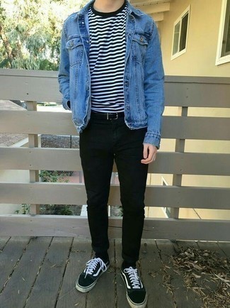 Men's Blue Denim Jacket, Black and White Horizontal Striped Crew-neck T-shirt, Black Skinny Jeans, Black and White Canvas Low Top Sneakers