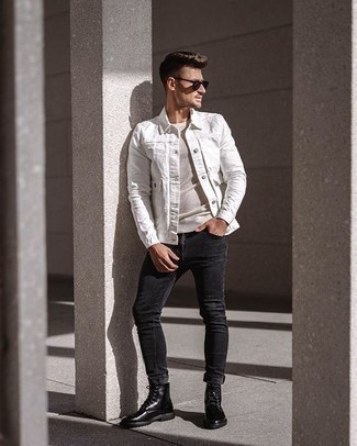 White Denim Jacket Outfits For Men: No matter where the day takes you, you can always rely on this laid-back combo of a white denim jacket and charcoal skinny jeans. A pair of black leather casual boots immediately ups the fashion factor of this outfit.