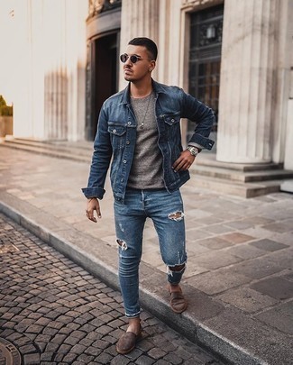 Blue Denim Jacket with Blue Jeans Summer Outfits For Men: One of the best ways for a man to style out a blue denim jacket is to combine it with blue jeans in an off-duty combo. A pair of dark brown suede espadrilles acts as the glue that brings this look together. What better choice for a hot weather day?
