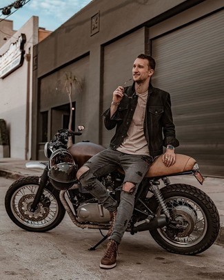 Charcoal Ripped Jeans Outfits For Men: Dress in a black denim jacket and charcoal ripped jeans, if you appreciate relaxed dressing without looking like a slob to look dapper. Complement your look with brown leather casual boots to completely change up the getup.