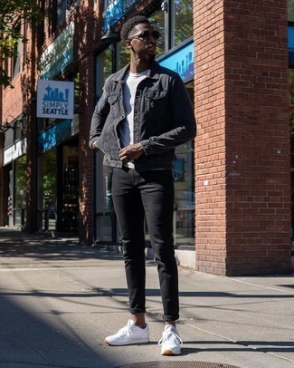 Black Skinny Jeans Outfits For Men: A charcoal denim jacket and black skinny jeans are a combo that every sartorial-savvy gentleman should have in his off-duty collection. And it's a wonder how white athletic shoes can change an outfit.