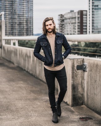 Black Skinny Jeans Outfits For Men: A pulled together combo of a navy denim jacket and black skinny jeans will set you apart instantly. Charcoal suede chelsea boots are an effective way to bring a touch of elegance to your outfit.