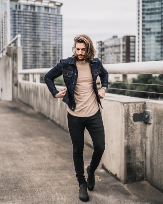 Black Skinny Jeans Outfits For Men: Consider teaming a navy denim jacket with black skinny jeans to achieve an interesting and current casual ensemble. Wondering how to finish this outfit? Rock charcoal suede chelsea boots to smarten it up.