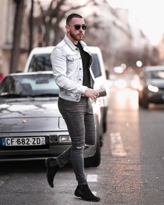 Grey Ripped Skinny Jeans Outfits For Men: This outfit with a light blue denim jacket and grey ripped skinny jeans isn't a hard one to pull off and is easy to adapt according to circumstances. Want to play it up on the shoe front? Add black suede chelsea boots to the equation.