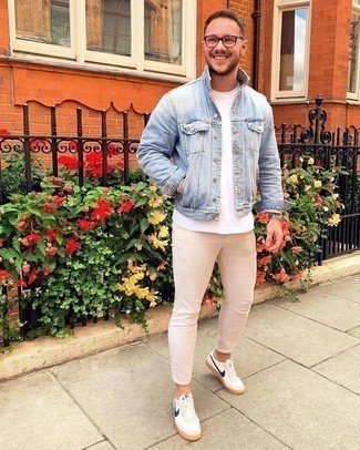 Men's Light Blue Denim Jacket, White Crew-neck T-shirt, Beige Skinny Jeans, White and Navy Leather Low Top Sneakers