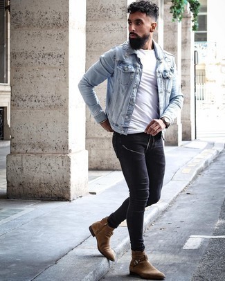 Black Sunglasses Casual Outfits For Men: This relaxed casual combination of a light blue denim jacket and black sunglasses is effortless, sharp and very easy to copy. Go the extra mile and spice up your look by rounding off with brown suede chelsea boots.