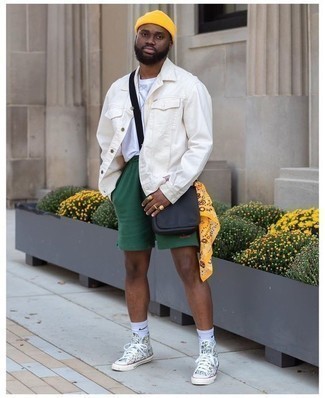 White Print Canvas High Top Sneakers Outfits For Men: For a foolproof relaxed casual option, you can't go wrong with this combination of a white denim jacket and dark green sports shorts. White print canvas high top sneakers will be the perfect companion to this ensemble.