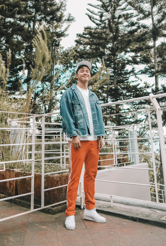 Orange Sweatpants Outfits For Men: A blue denim jacket and orange sweatpants married together are a match made in heaven for those dressers who appreciate casually dapper styles. To bring a little depth to this look, add a pair of white canvas slip-on sneakers to the mix.