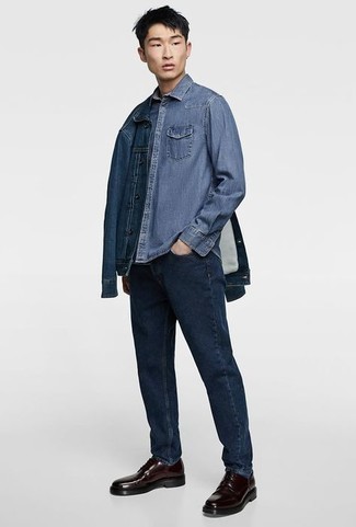 Men's Navy Denim Jacket, Blue Denim Shirt, Blue Short Sleeve Shirt, Navy Jeans