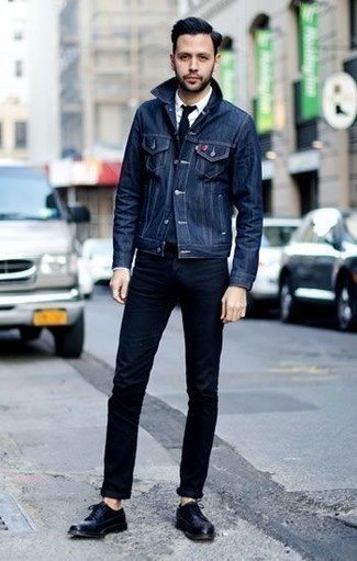 Blue Leather Derby Shoes Outfits: A navy denim jacket and navy jeans? It's an easy-to-wear look that you could wear a variation of on a daily basis. If you wish to immediately kick up your look with a pair of shoes, introduce blue leather derby shoes to your look.