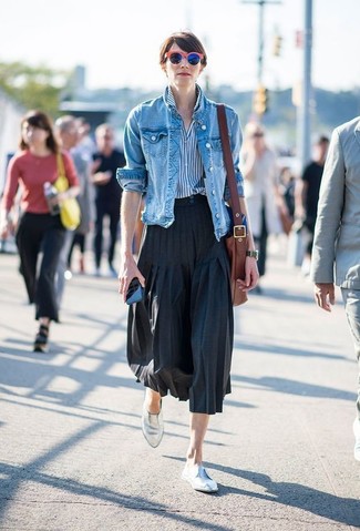 Women's Blue Denim Jacket, White and Blue Vertical Striped Dress Shirt, Black Pleated Midi Skirt, Silver Leather Loafers