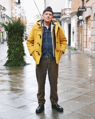 Mustard Duffle Coat Outfits For Men: 