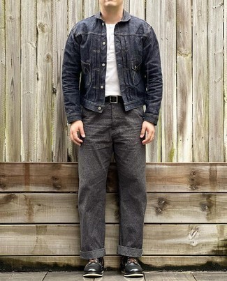 Charcoal Chinos Outfits: This combo of a navy denim jacket and charcoal chinos spells comfort and relaxed casual cool. For footwear, you can stick to a more classic route with black leather casual boots.
