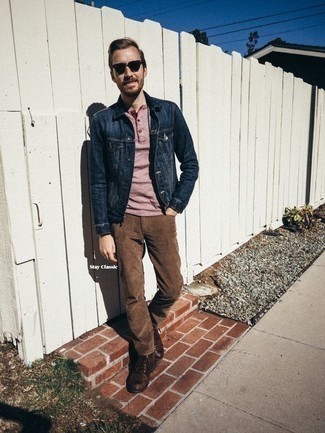 Pink Henley Shirt Outfits For Men: A pink henley shirt and brown jeans are a cool combination worth incorporating into your day-to-day arsenal. Go off the beaten track and change up your ensemble by rounding off with dark brown leather casual boots.