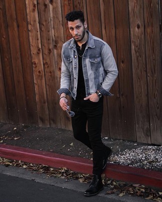 Grey Denim Jacket Outfits For Men: This casual pairing of a grey denim jacket and black jeans is super easy to put together in seconds time, helping you look sharp and prepared for anything without spending too much time going through your wardrobe. And if you need to immediately up the ante of this outfit with one single item, introduce black leather casual boots to the mix.