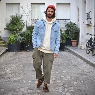 Red Beanie Outfits For Men: Pair a light blue denim jacket with a red beanie for an outfit that's both laid-back and on-trend. And if you need to instantly dial up your look with footwear, introduce dark brown suede desert boots to the mix.