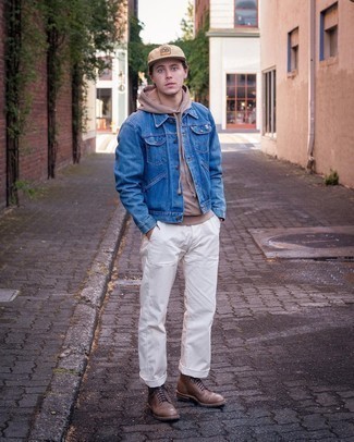 Blue Denim Jacket Outfits For Men: Go for a pared down but at the same time cool and casual option by pairing a blue denim jacket and white chinos. If you want to feel a bit fancier now, complement your outfit with a pair of brown leather casual boots.