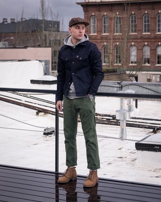 Charcoal Hoodie Outfits For Men: Consider wearing a charcoal hoodie and olive chinos to put together an incredibly sharp and current laid-back outfit. Why not complement this outfit with brown suede casual boots for a dose of class?