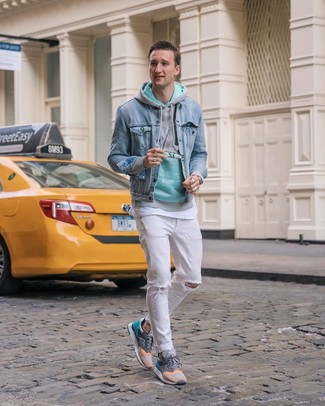 Multi colored Athletic Shoes Outfits For Men: For a casual look, pair a light blue denim jacket with white ripped jeans — these two pieces fit wonderfully together. Bring a touch of stylish casualness to by finishing with multi colored athletic shoes.