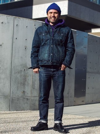 Dark Purple Hoodie Outfits For Men: This pairing of a dark purple hoodie and navy jeans will prove your expertise in men's fashion even on weekend days. Feeling creative today? Switch things up by slipping into a pair of black leather desert boots.