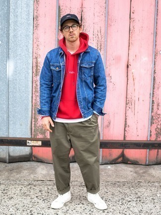 Blue Denim Jacket with Red Hoodie Outfits For Men (8 ideas & outfits)