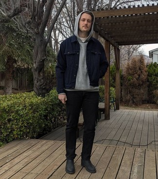 Grey Hoodie Outfits For Men: If you're looking for a laid-back and at the same time stylish getup, consider teaming a grey hoodie with black jeans. For extra fashion points, complement this look with black leather chelsea boots.