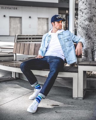 Blue Print Baseball Cap Outfits For Men: Consider pairing a light blue denim jacket with a blue print baseball cap for a relaxed take on day-to-day style. Got bored with this ensemble? Introduce white canvas low top sneakers to spice things up.