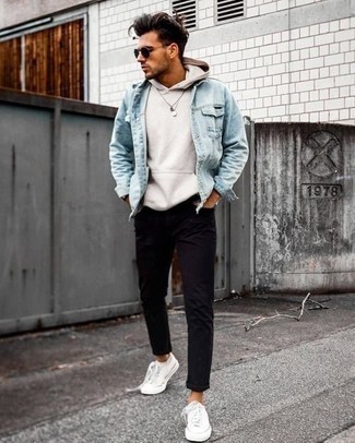 Tan Hoodie Outfits For Men: For a casual look, pair a tan hoodie with black jeans — these items play pretty good together. For maximum style, add a pair of white canvas low top sneakers to the equation.
