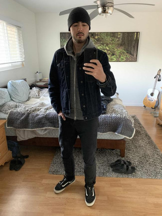 Men's Navy Denim Jacket, Grey Hoodie, Charcoal Jeans, Black and White Canvas Low Top Sneakers