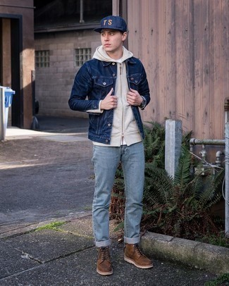 Beige Hoodie Outfits For Men: For a cool and casual outfit, choose a beige hoodie and light blue jeans — these pieces go really good together. Got bored with this outfit? Invite brown leather casual boots to change things up a bit.