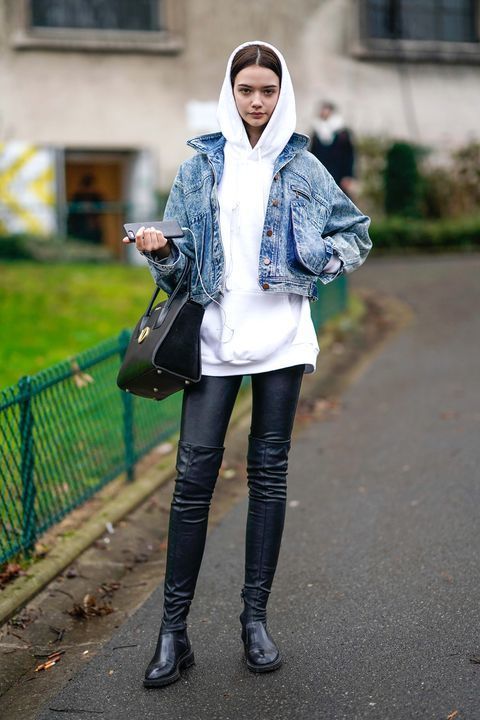 Women's Blue Denim Jacket, White Hoodie, Black Leather Leggings, Black  Leather Over The Knee Boots