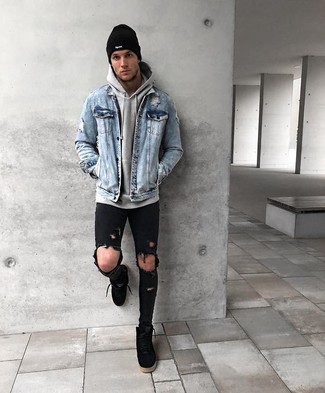 Black Suede High Top Sneakers Outfits For Men: This combo of a light blue denim jacket and black ripped skinny jeans looks amazing and immediately makes you look cool. A good pair of black suede high top sneakers pulls this ensemble together.