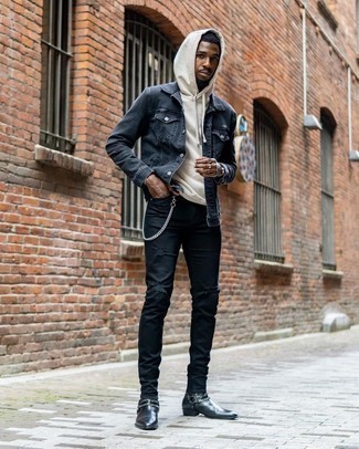 Black Embellished Leather Chelsea Boots Outfits For Men: For comfort dressing with an urban twist, you can go for a navy denim jacket and black ripped skinny jeans. Black embellished leather chelsea boots are guaranteed to infuse a dose of elegance into this outfit.