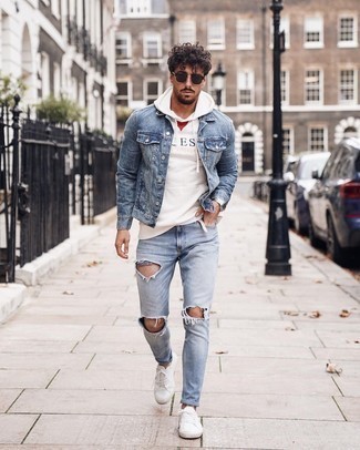 Light Blue Ripped Jeans With White And Purple Hoodie Relaxed Outfits For  Men In Their 30S (3 Ideas & Outfits) | Lookastic