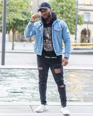 Men's Light Blue Denim Jacket, Black and White Print Hoodie, Charcoal Ripped Skinny Jeans, White Athletic Shoes