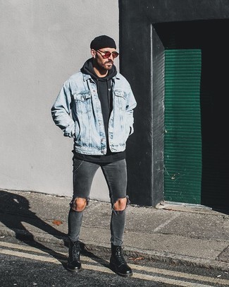 Black Beanie Outfits For Men: Why not consider teaming a light blue denim jacket with a black beanie? As well as totally functional, both of these pieces look great when worn together. Black leather casual boots are guaranteed to breathe an added touch of sophistication into your getup.