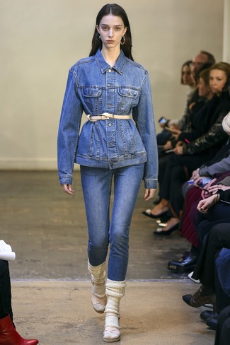 Women's Blue Denim Jacket, Blue Jeans, Beige Leather Heeled Sandals, Beige Leather Waist Belt